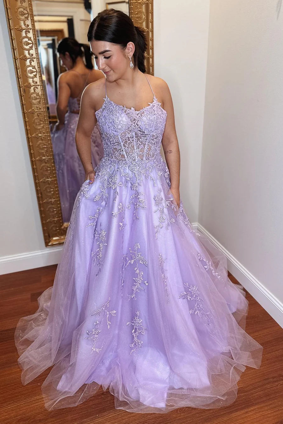 Lavender Tulle Applique Lace-Up Back A-Line Unique Design Prom Dress