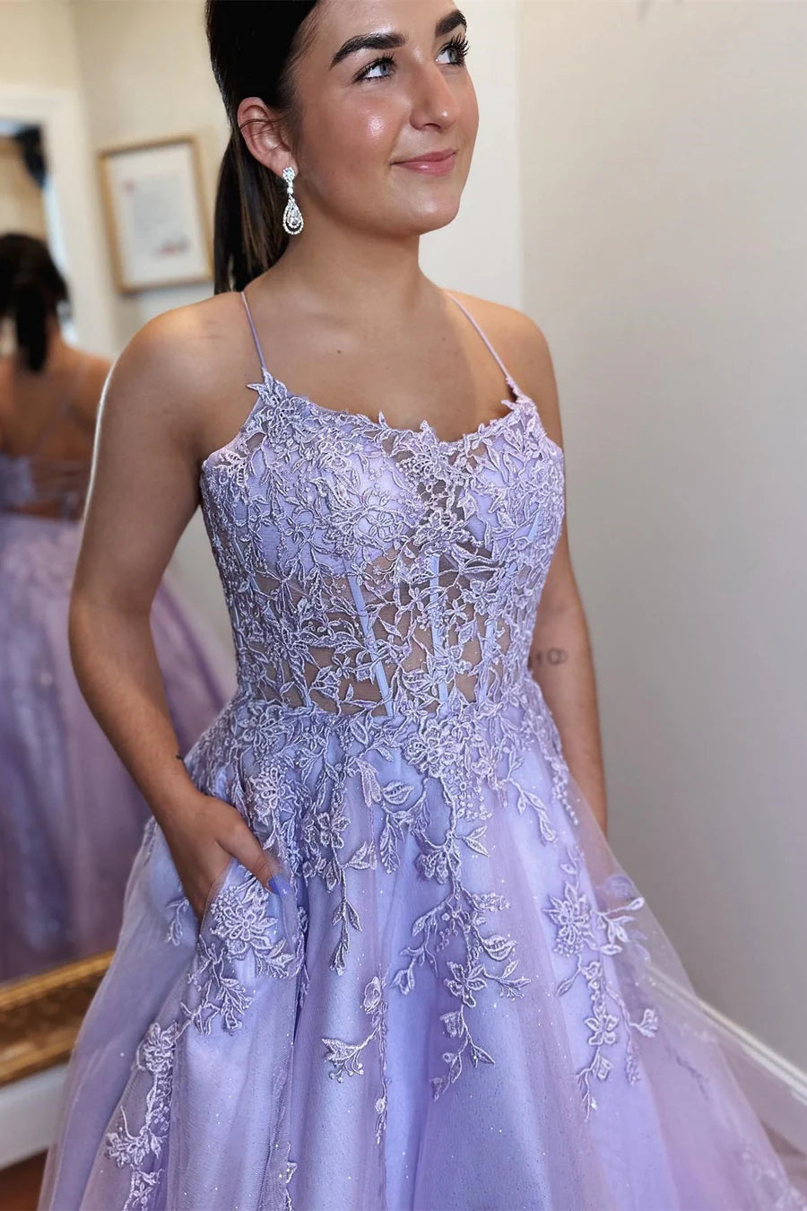 Lavender Tulle Applique Lace-Up Back A-Line Unique Design Prom Dress
