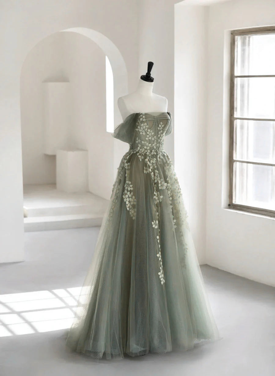 Charming Green Tulle Off Shoulder Full Of Charm Prom Dress