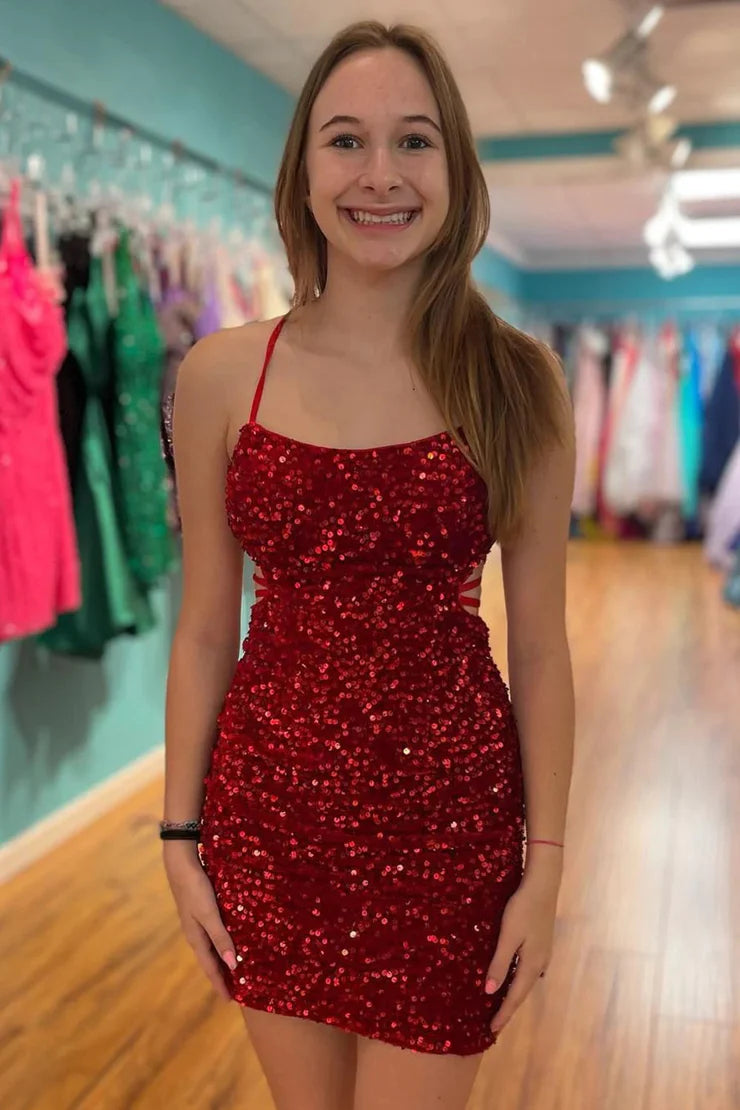 Cute Sparkly Scoop Neck Dark Red Sequins Short  Full Of Charm Homecoming Dress