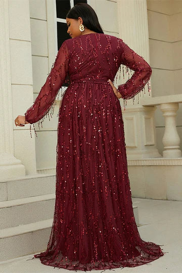 Plus Size Wine Red Fringes V-Neck Long Sleeve A-Line Prom Dress