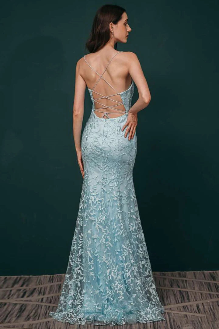 Light Blue Applique Lace Full Of Charm Mermaid Dress