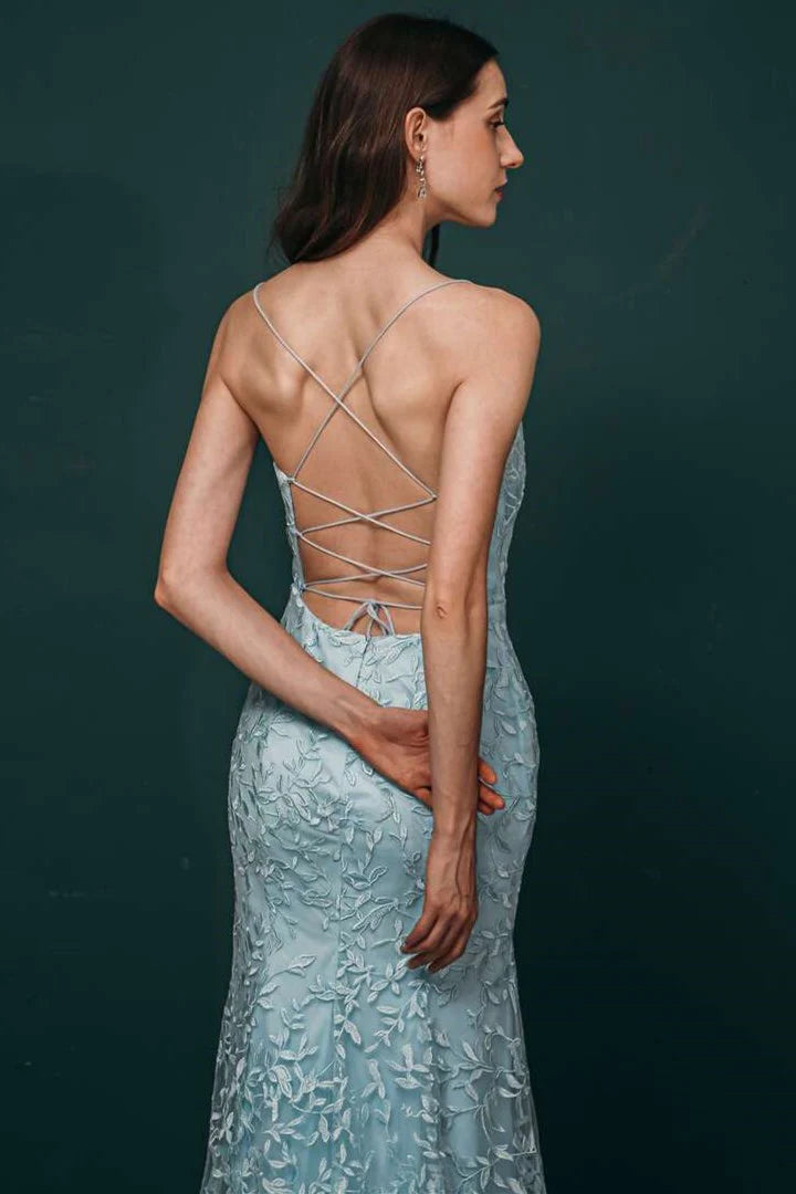 Light Blue Applique Lace Full Of Charm Mermaid Dress