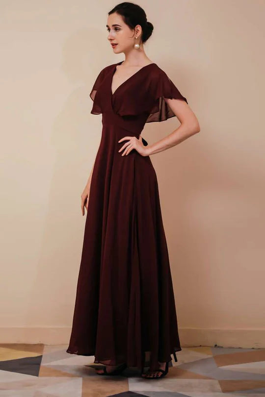 Burgundy Chiffon V-Neck Dress with Ruffled Sleeve