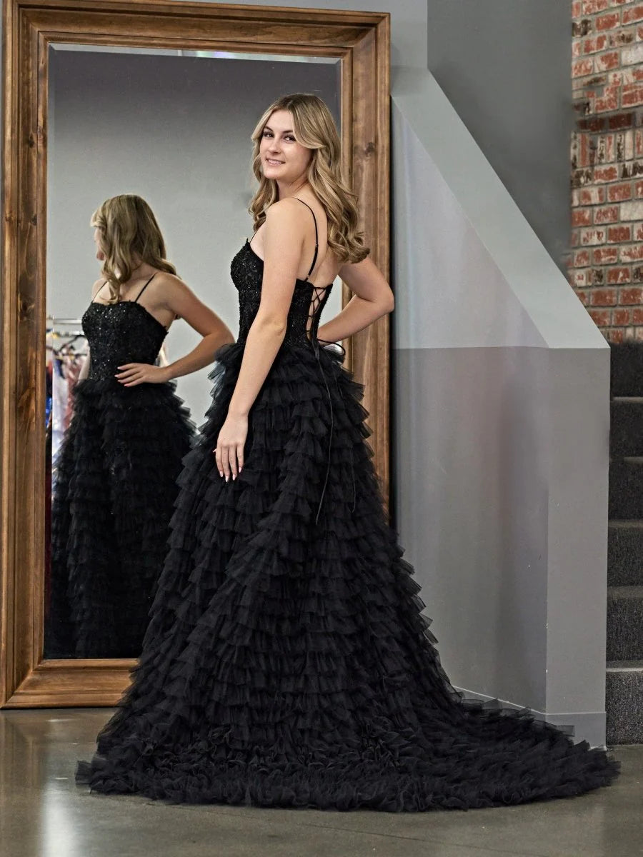 Black A-Line Tiered Sequins Tulle Long Full of charm Prom Dress