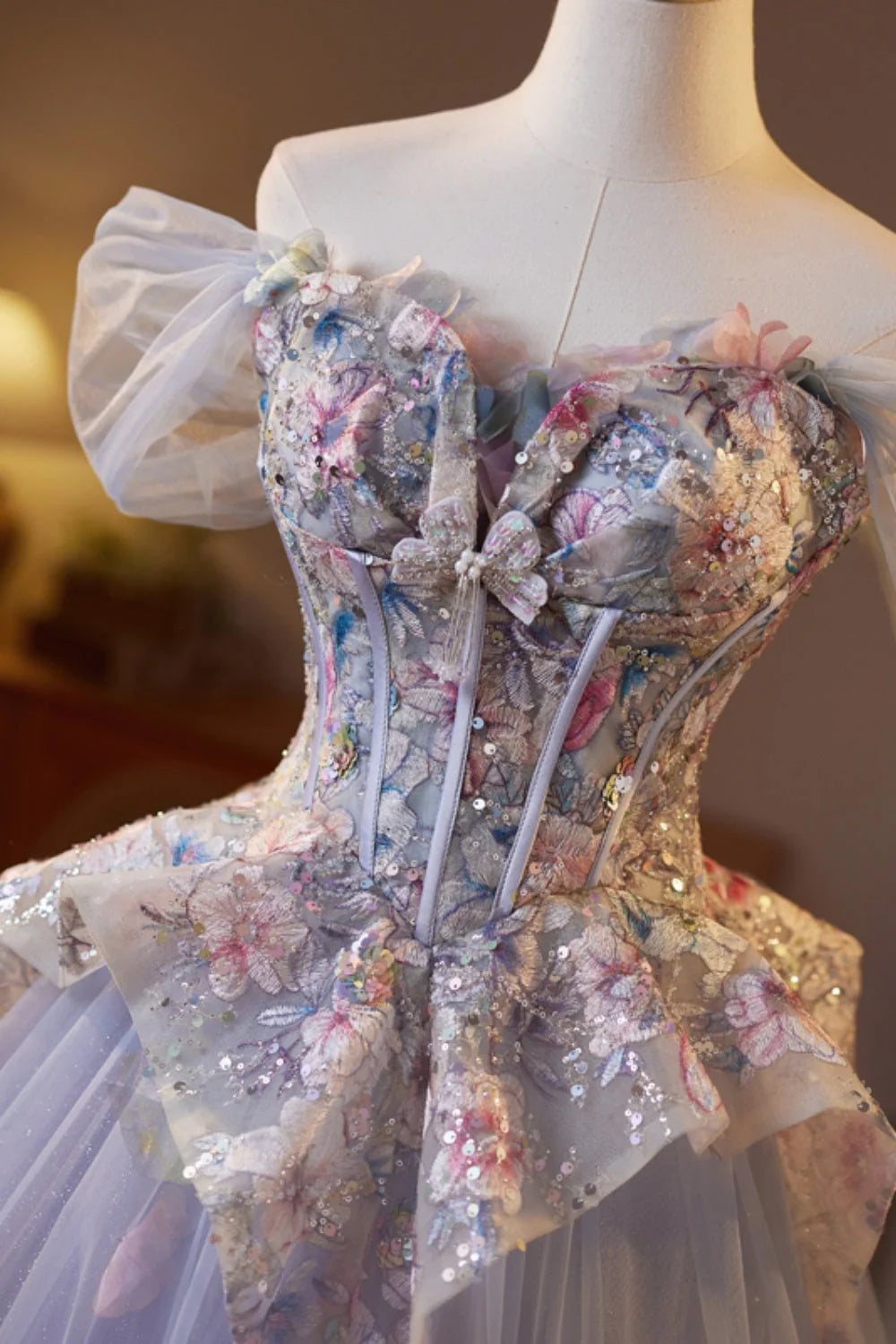 Off the Shoulder Lilac Floral Sparkle Tulle Full Of Charm Prom Dresses