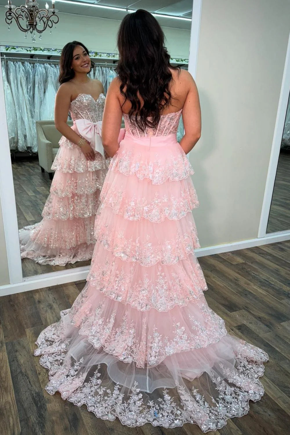 Sparkly Pink A-Line Sweetheart Long Tiered Sequin Full Of Charm Prom Dress