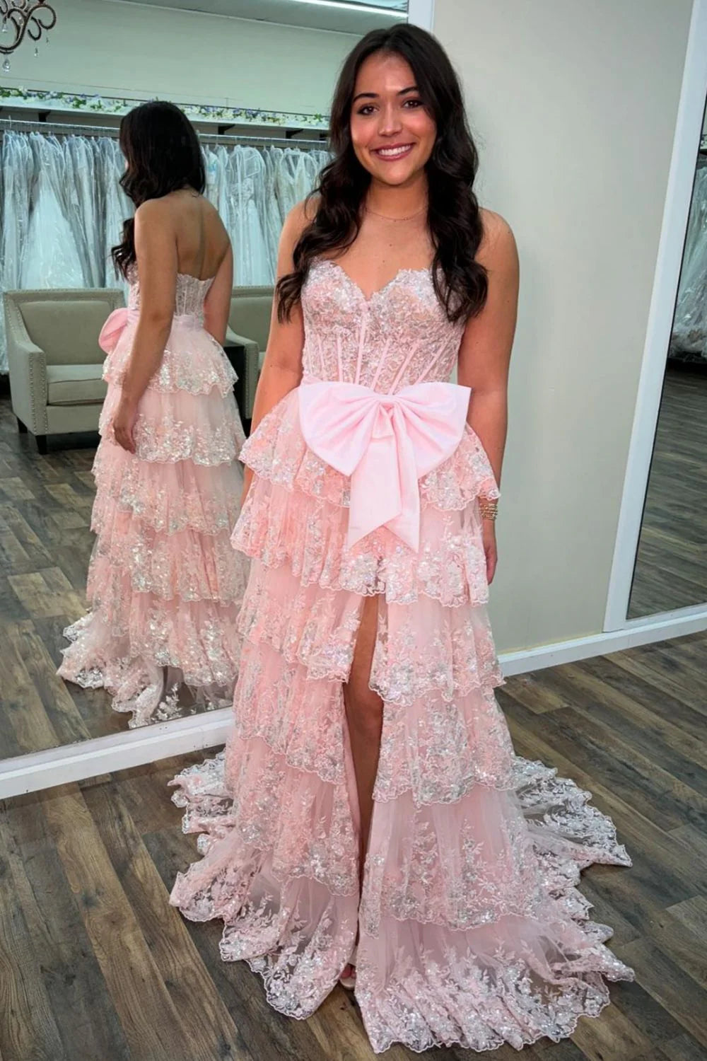 Sparkly Pink A-Line Sweetheart Long Tiered Sequin Full Of Charm Prom Dress