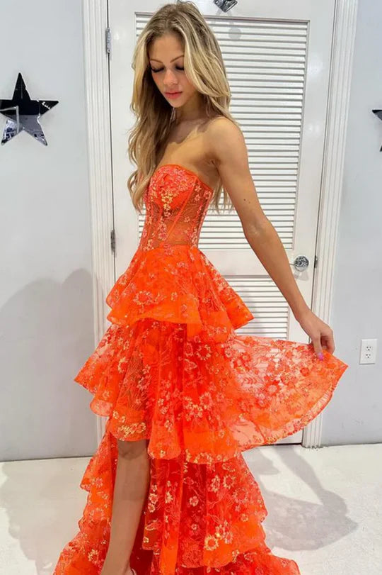 Orange Strapless A-Line Sweetheart Layered Appliques Prom Dress