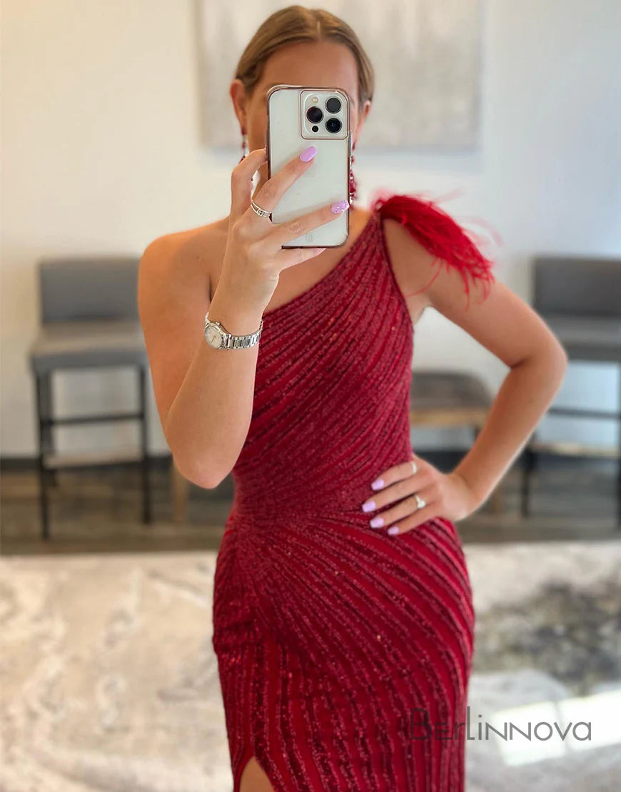 Sexy Mermaid One-Shoulder Tight Burgundy Full Of Charm Prom Dress