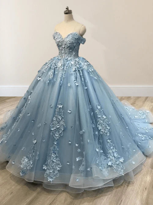 Lace Sky Blue Off the Shoulder Ball Gown Wedding Dresses