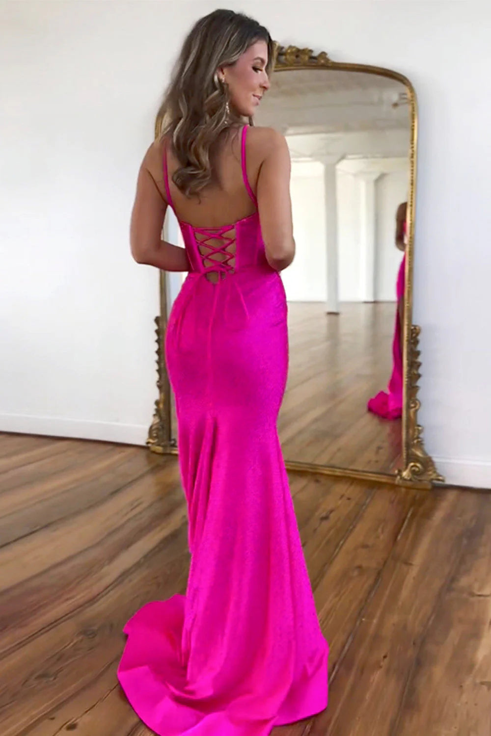 Fuchsia Beaded Mermaid Spaghetti Straps Lace Up Prom Dress