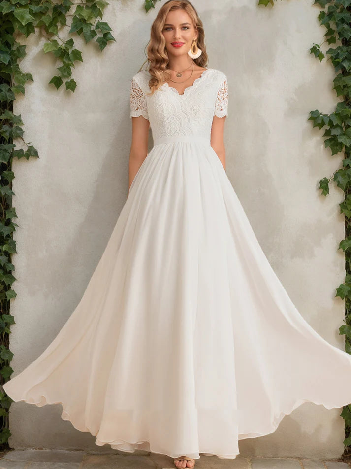 A-Line/Princess V-Neck Short Sleeves Lace Retract Your Waist Wedding Dresses