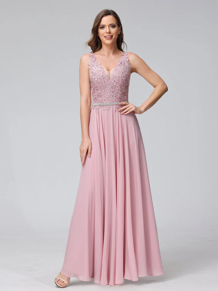 A-Line V-Neck Sleeveless Long Retract Your Waist Unique design Evening Dresses