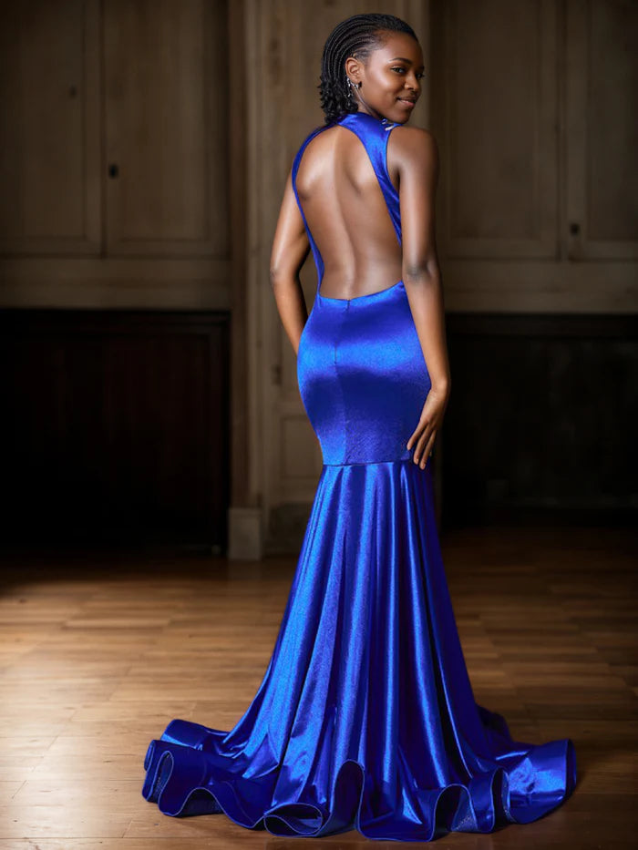 Royal Blue Evening Gown Lace Appliques Illusion Mermaid Open Back Prom Dress