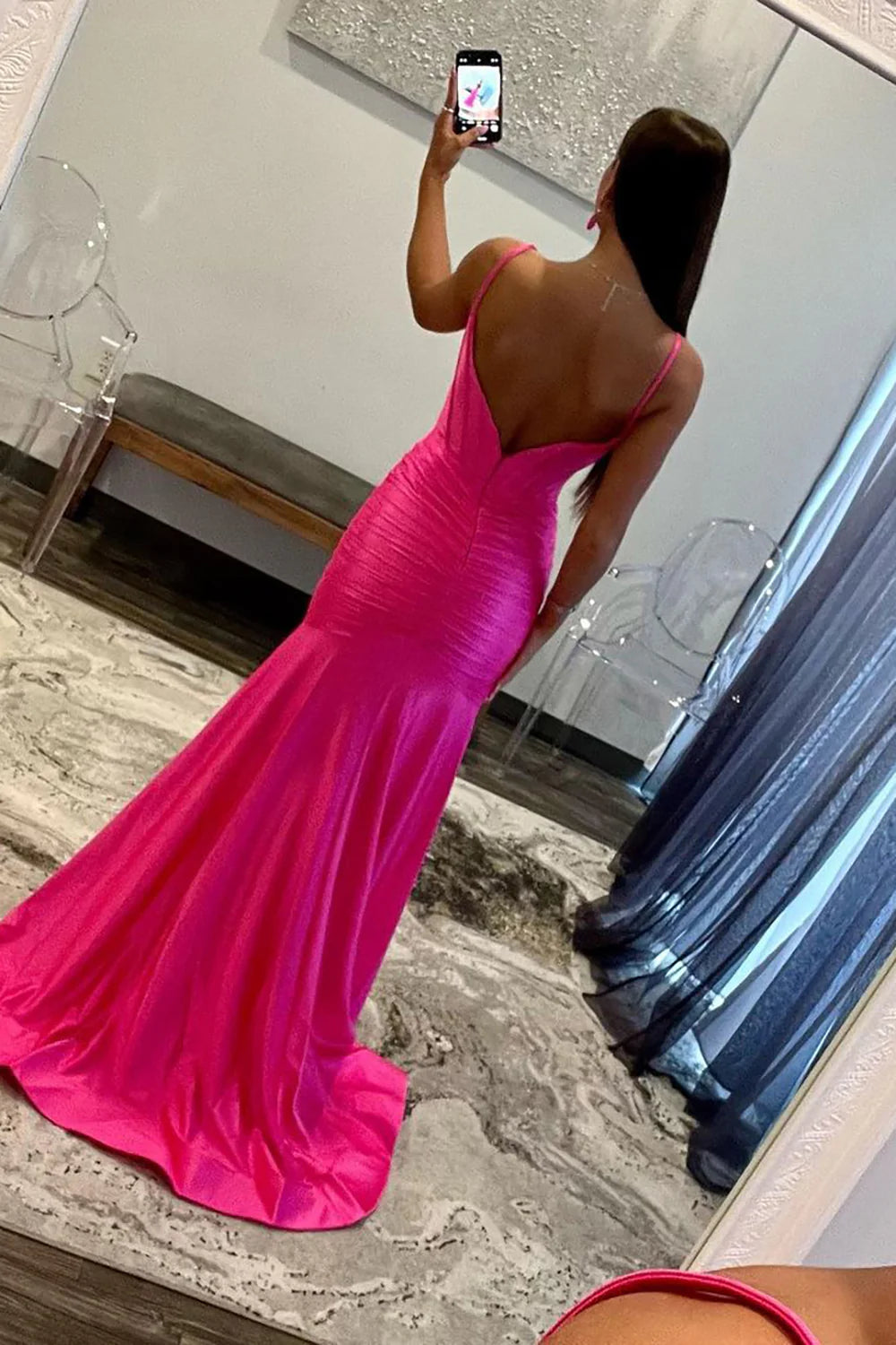Hot Pink Spaghetti Straps Mermaid Long Satin Prom Dress