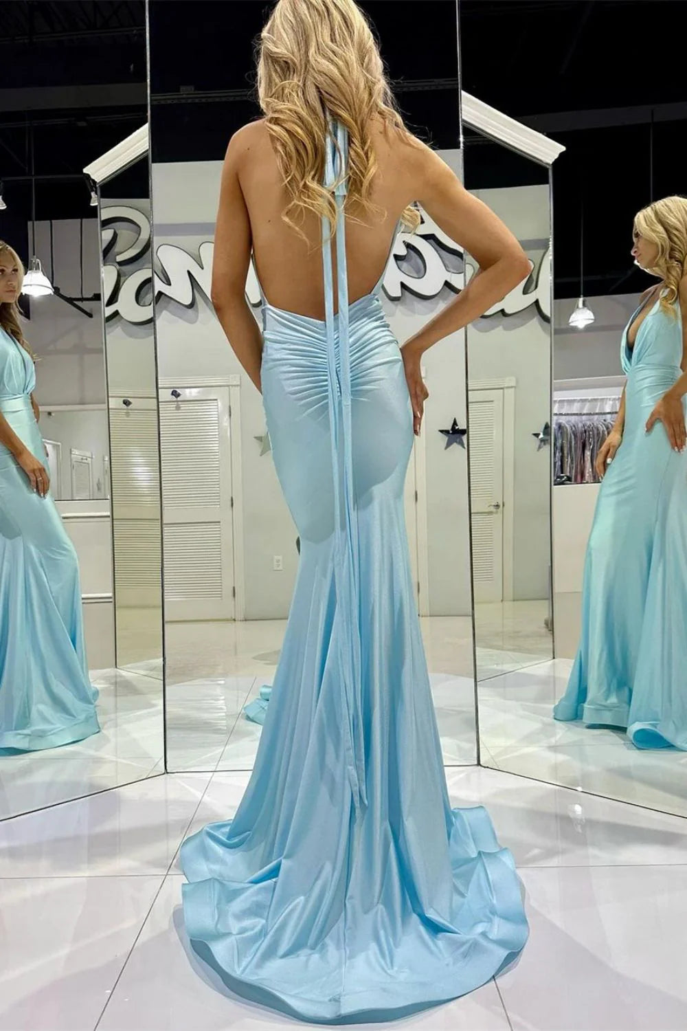 Trendy Mermaid Halter Neck Blue Long Unique Design Prom Dress