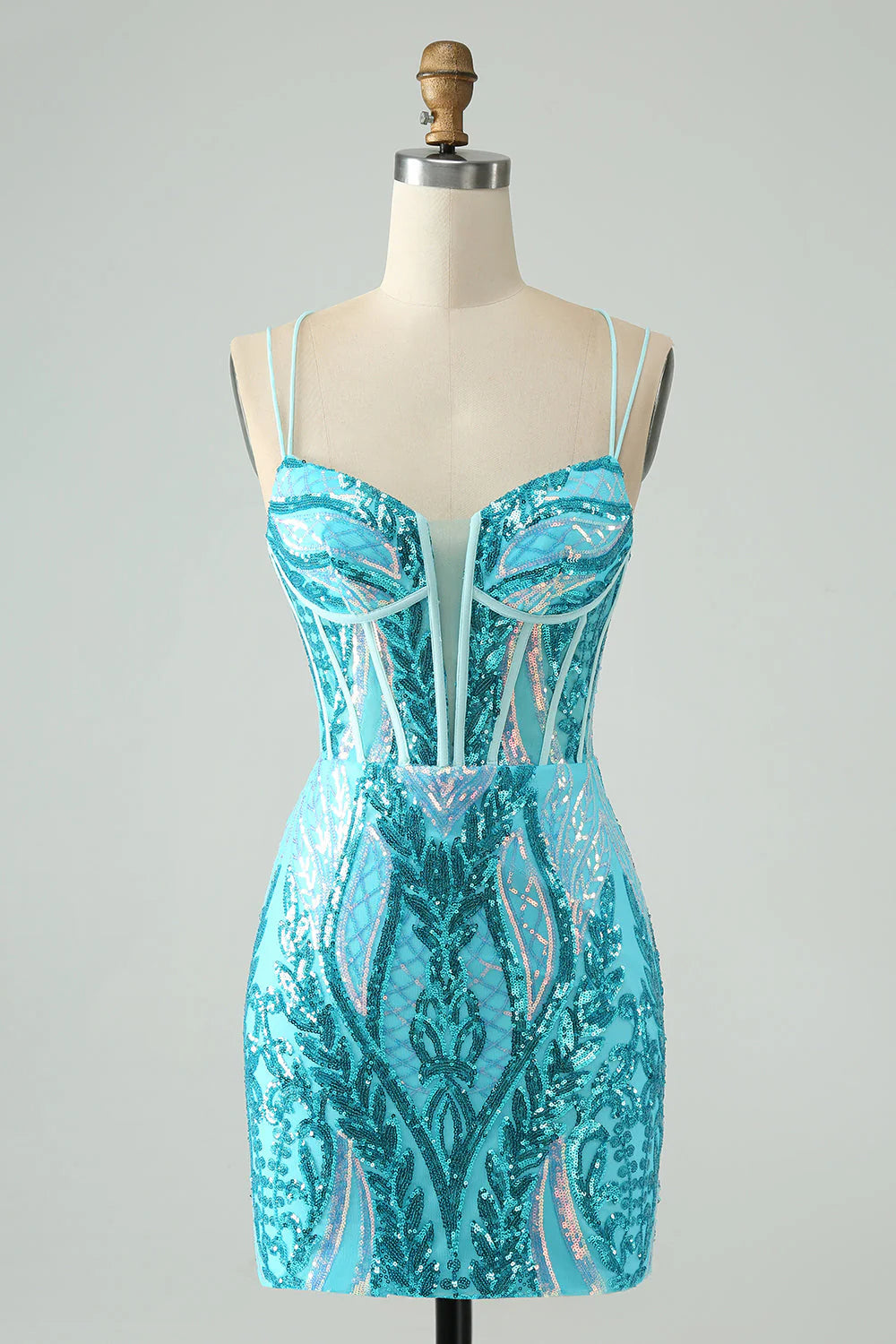 Sparkly Blue Bodycon Spaghetti Straps Corset  Full Of Charm Homecoing Dress