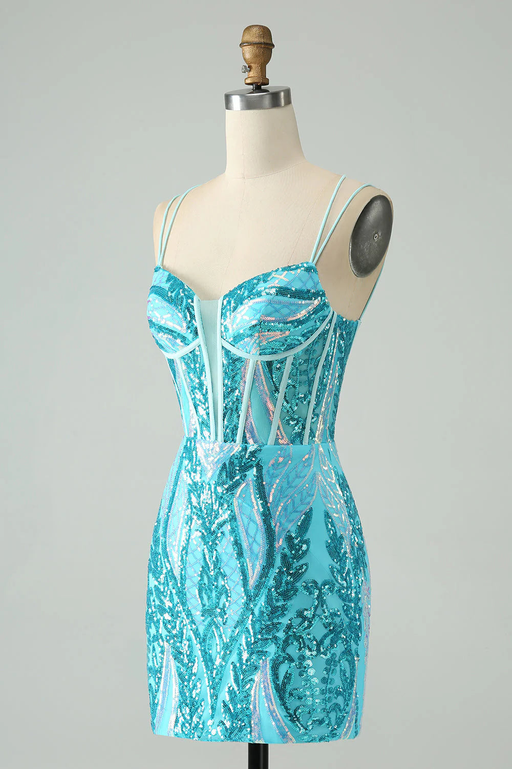 Sparkly Blue Bodycon Spaghetti Straps Corset  Full Of Charm Homecoing Dress