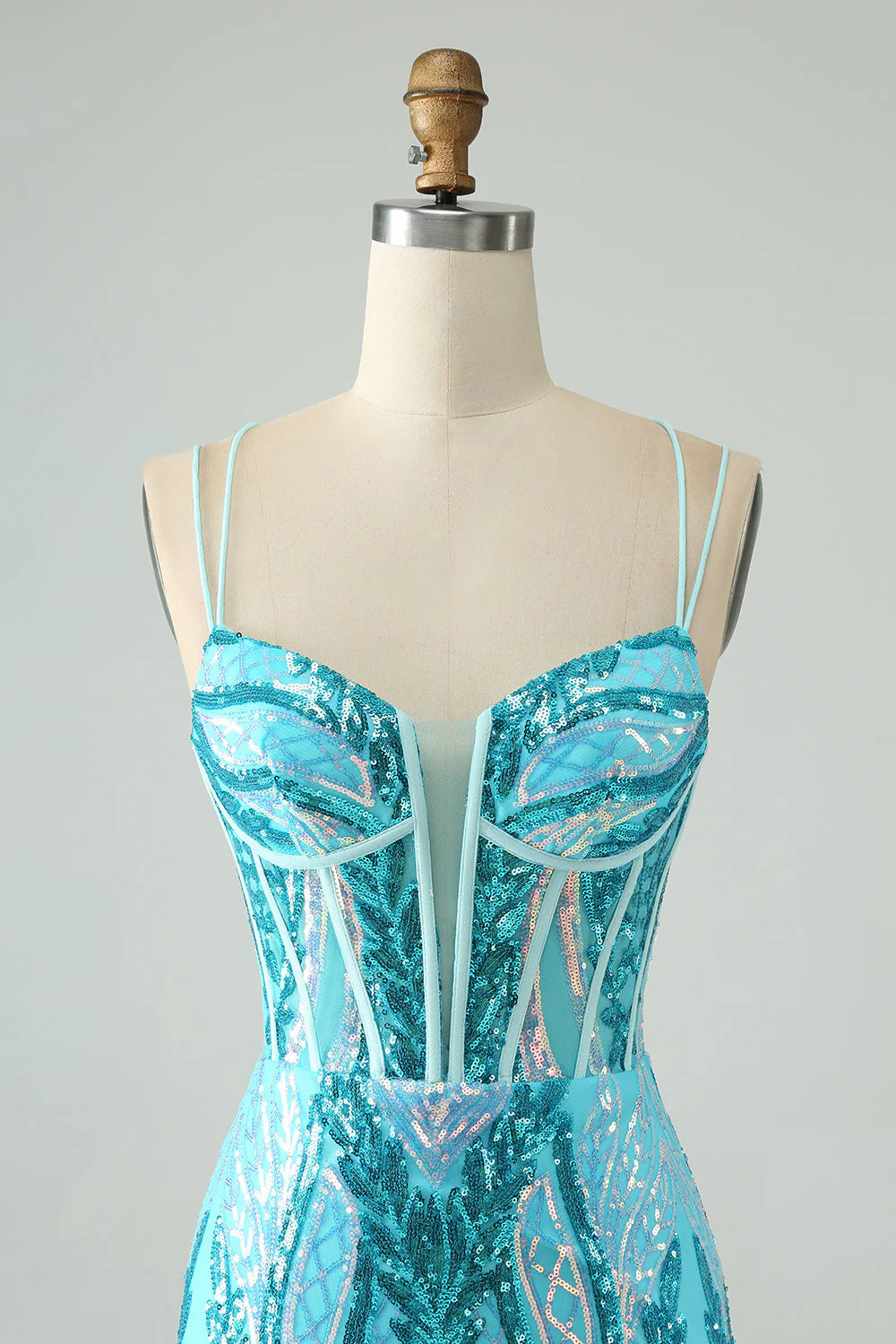 Sparkly Blue Bodycon Spaghetti Straps Corset  Full Of Charm Homecoing Dress