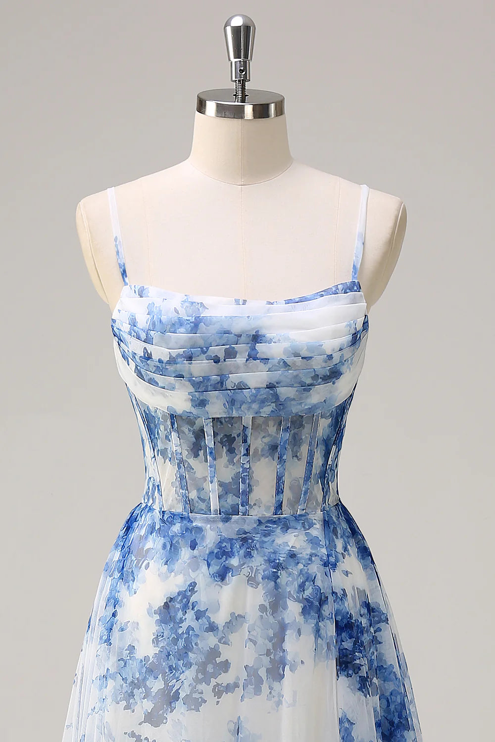 White Blue Flower Spaghetti Straps Corset Long Full Of Charm Prom Dress