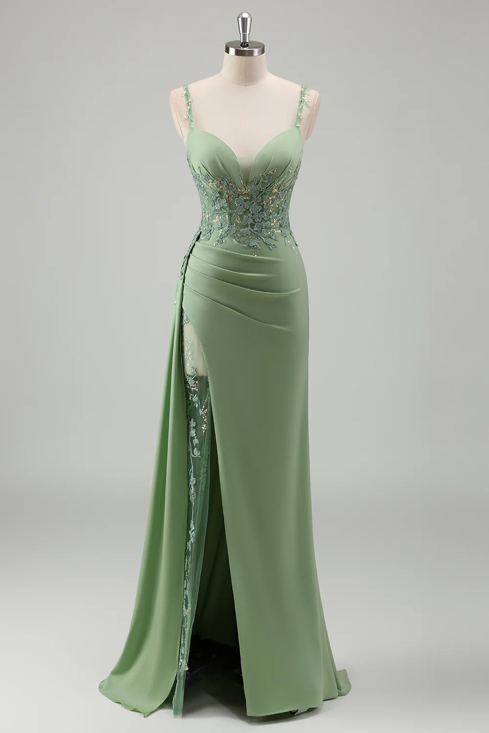 Sparkly Light Green Spaghetti Straps Lace Long Full Of Charm Prom Dress