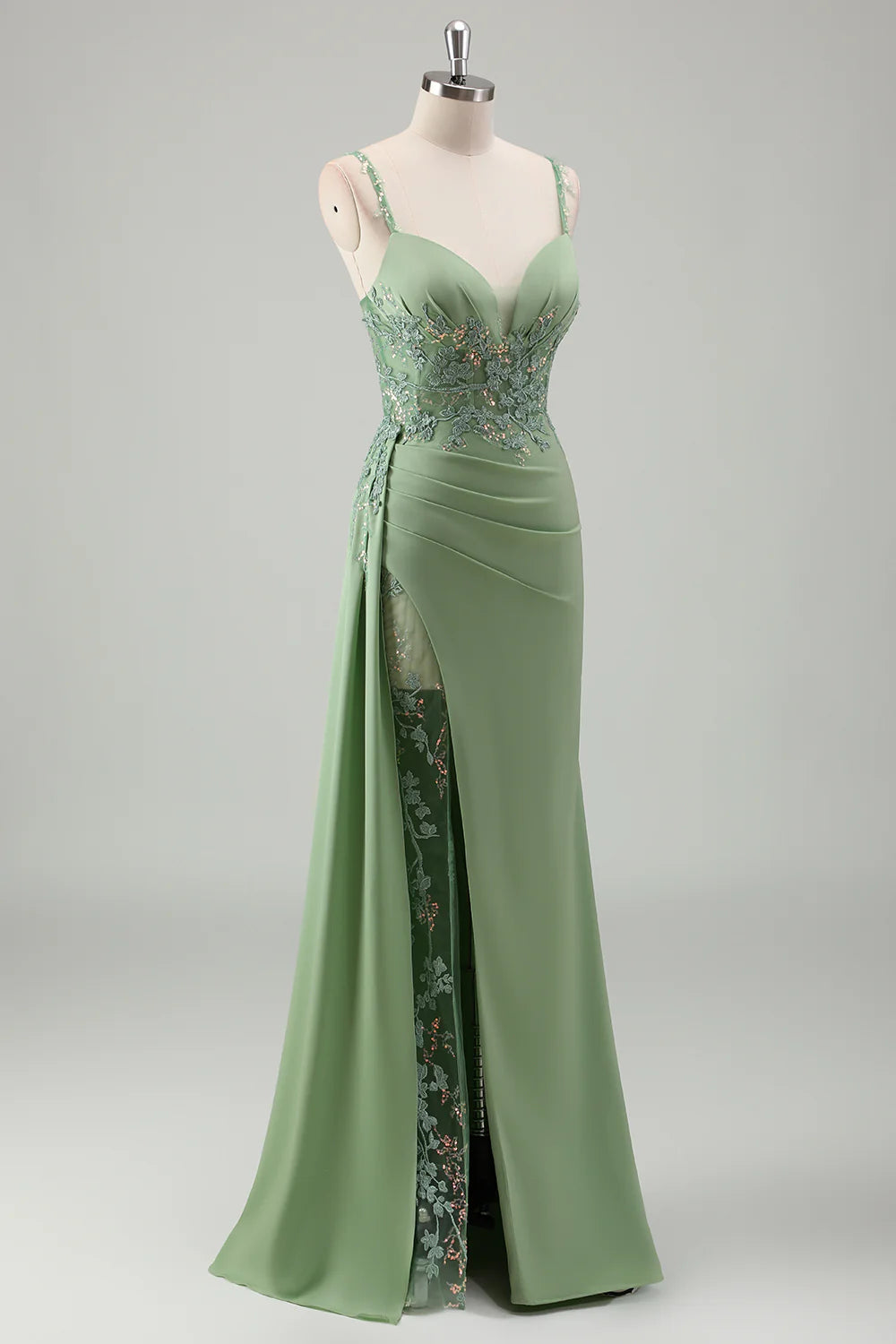 Sparkly Light Green Spaghetti Straps Lace Long Full Of Charm Prom Dress
