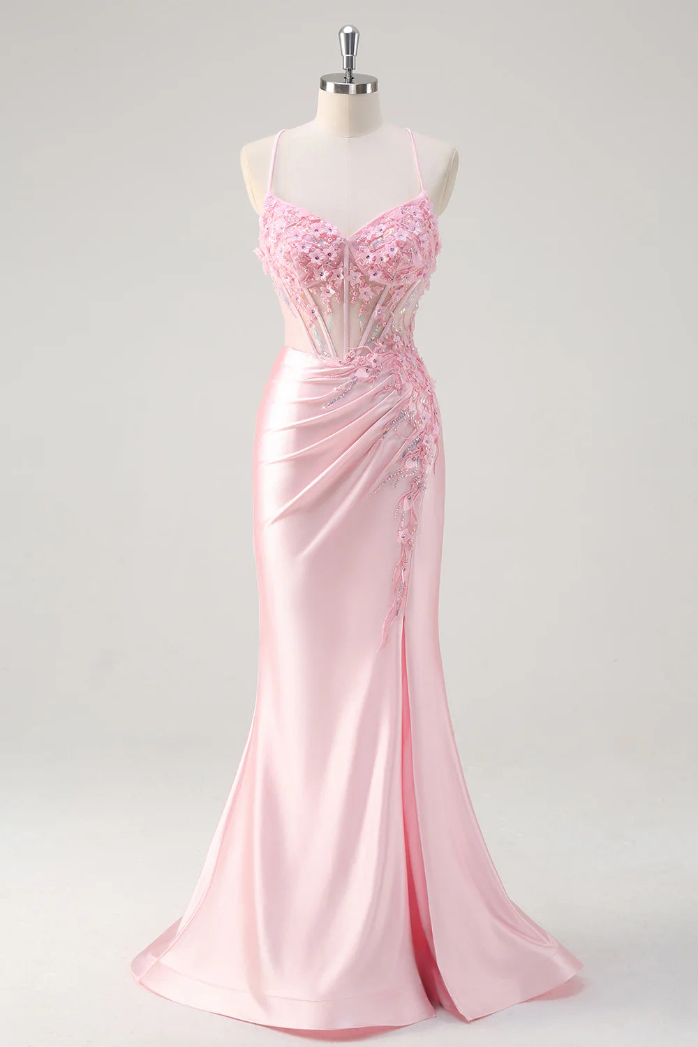 Pink Floral Mermaid Spaghetti Straps Long Appropriate Color Matching Prom Dress