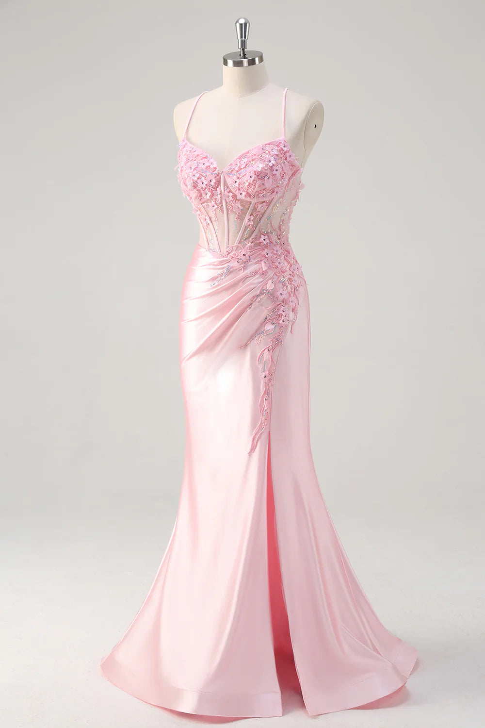Pink Floral Mermaid Spaghetti Straps Long Appropriate Color Matching Prom Dress
