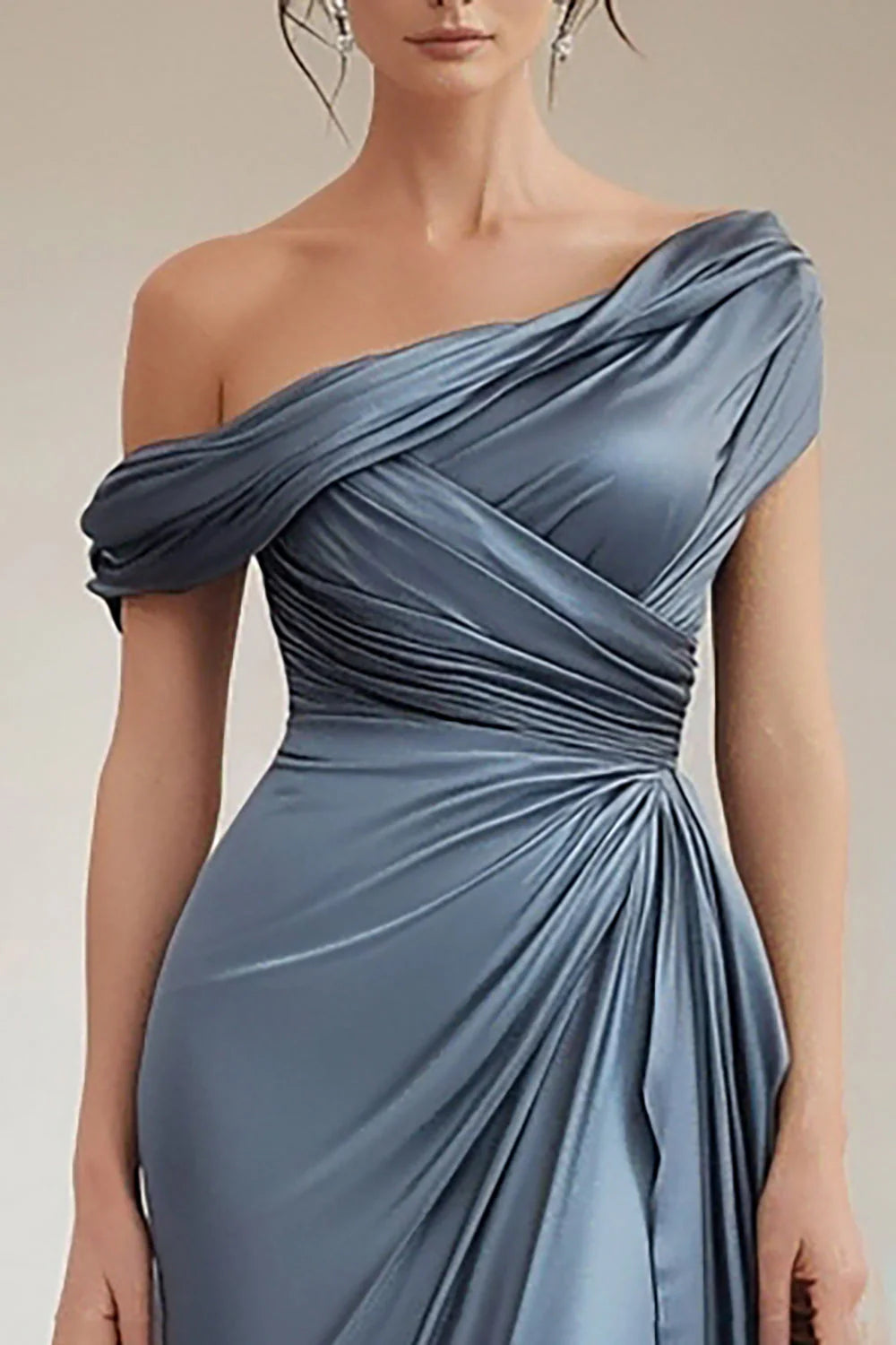 Mermaid Grey Blue One Shoulder Satin Ruched Full Of Charm Mother of Bride Dress