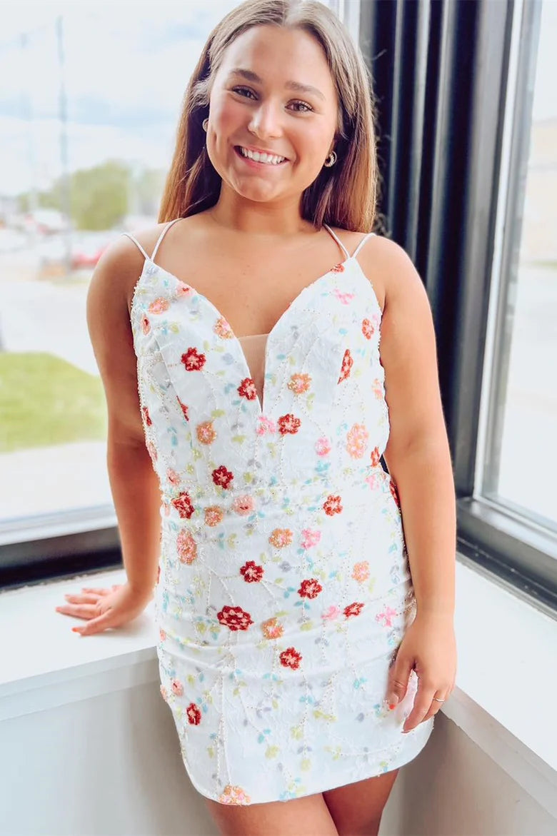White Floral Embroidery Lace-Up Short Homecoming Dress