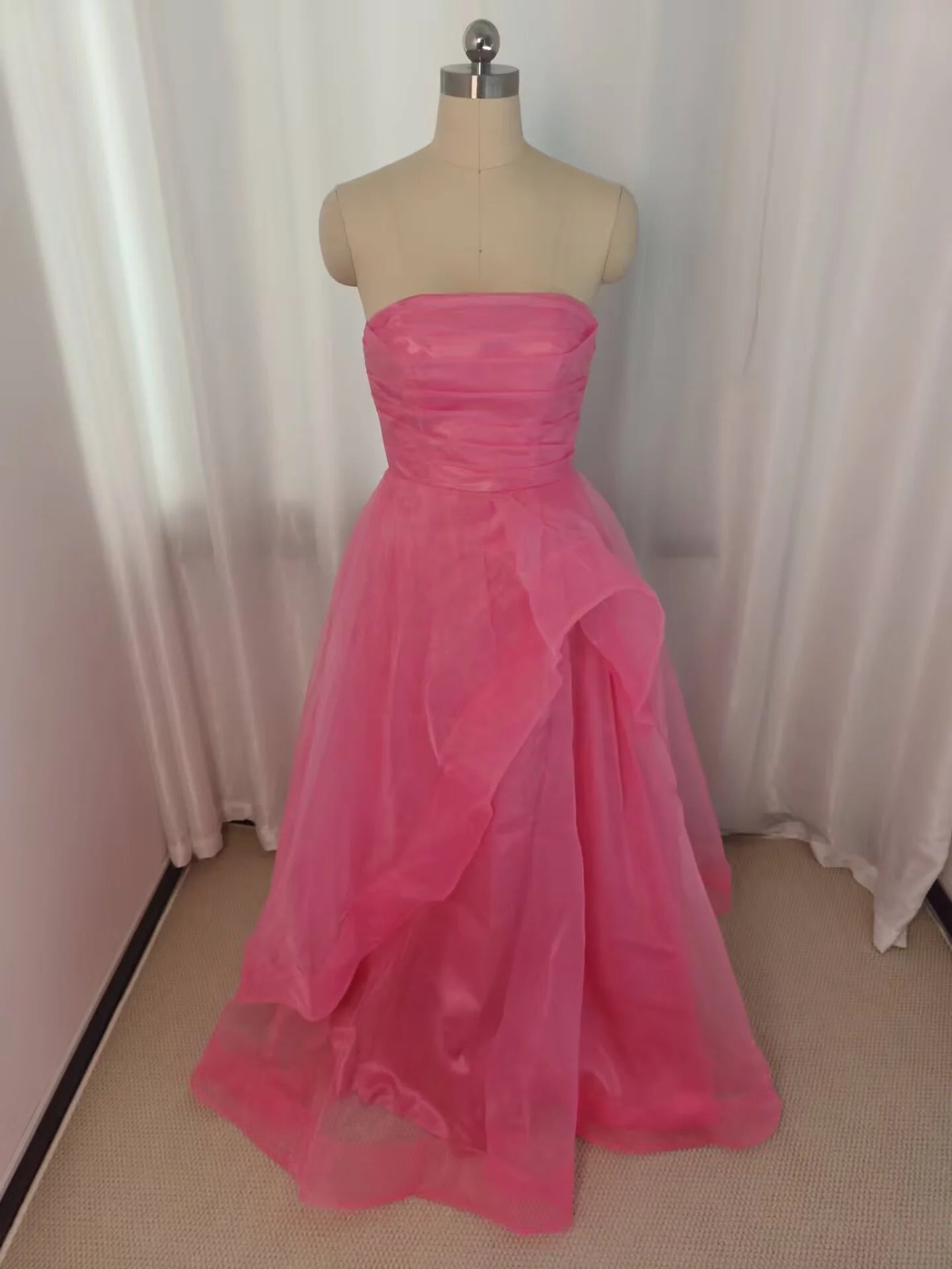 Strapless Pink Ruffled Hem A-line Long Full Of Charm Prom Dresses
