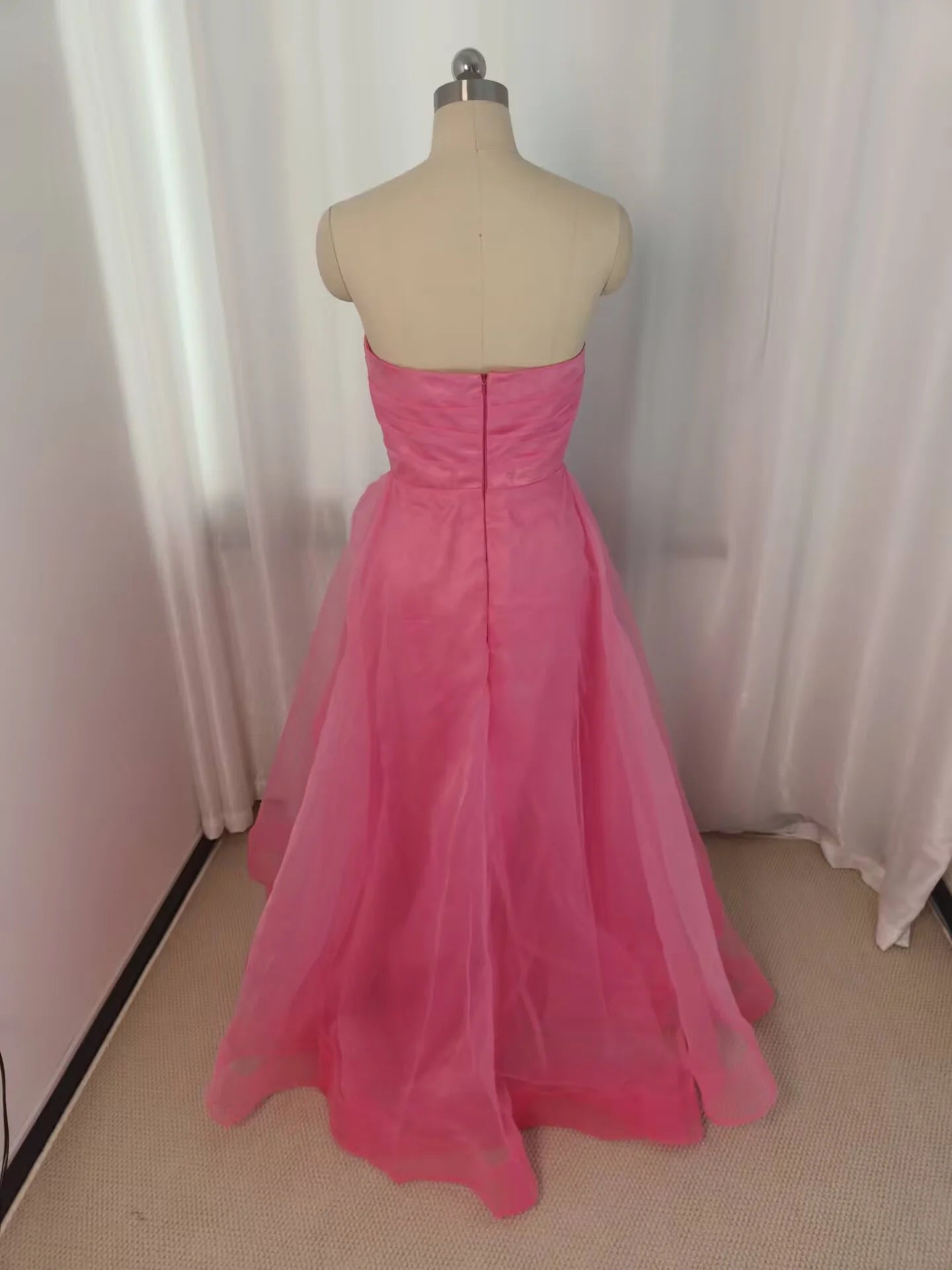 Strapless Pink Ruffled Hem A-line Long Full Of Charm Prom Dresses