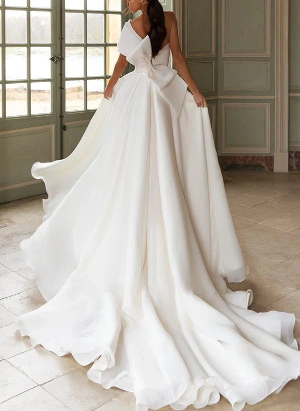 A-Line One-Shoulder Organza Sweep Train   Retract Your Waist   Wedding Dress