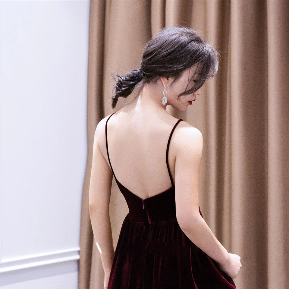 Beautiful V-neckline Straps Wine Red Velvet Long Full Of Charm Prom Dress