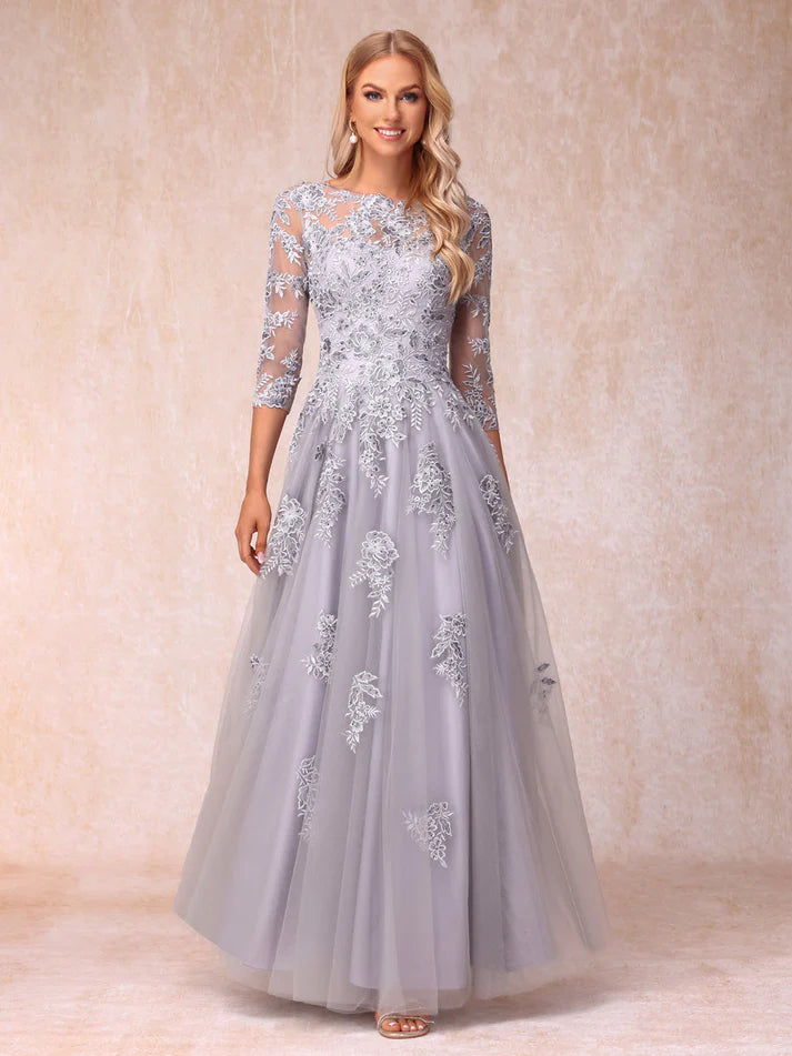 Princess Sheer Neck Half Sleeves Long Formal Mother of the Bride Dresses