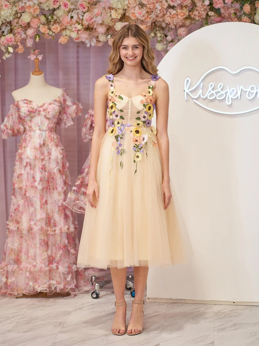 3D Flower Tulle Tea Length Cute and playful Prom Dresses