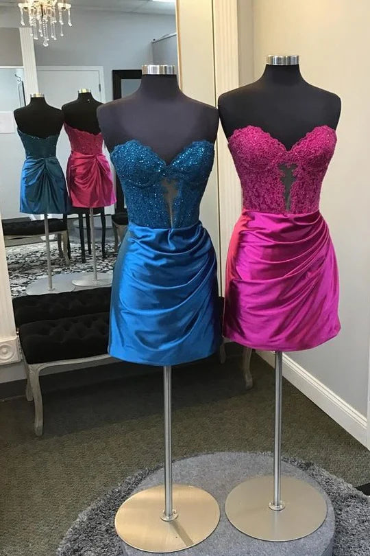 Strapless Lace Appliques Pleated Tight Homecoming Dress