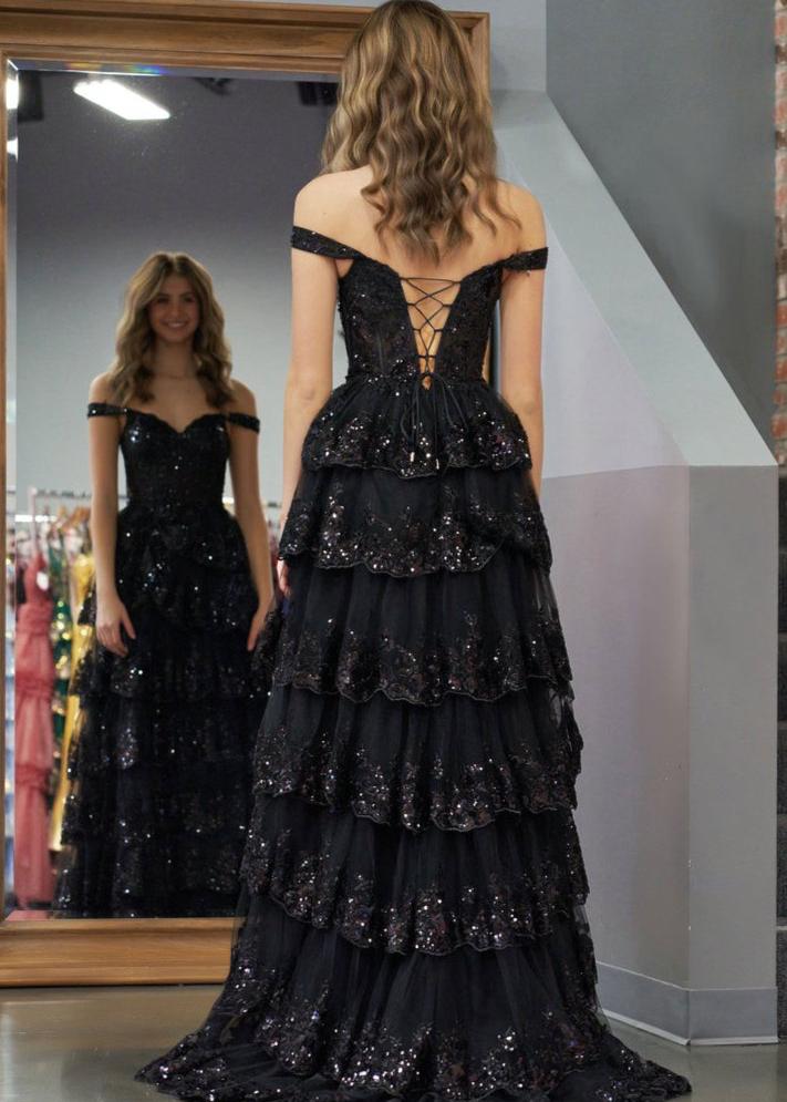 A-Line Lace Off-the-Shoulder Tiered Long Shiny and sparkling Prom Dress