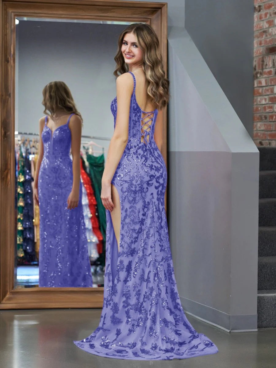 Sparkly Blue Sheath Sequins Long Unique design Party Dress