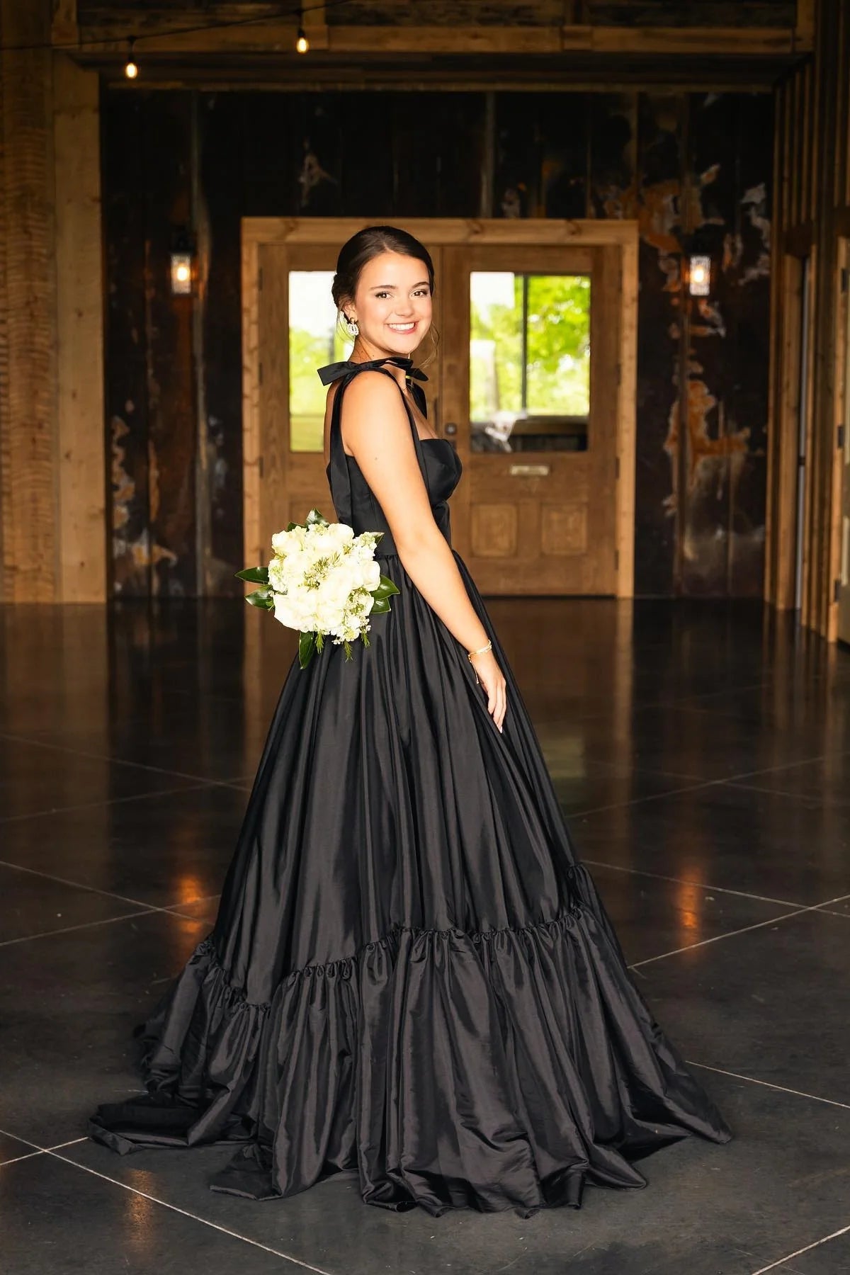 Cute Black A-Line Satin Tie Straps Long Prom Dress