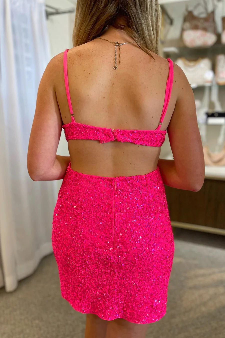 Hot Pink Sequin V-Neck Backless Short Full Of Charm Homecoming Dress