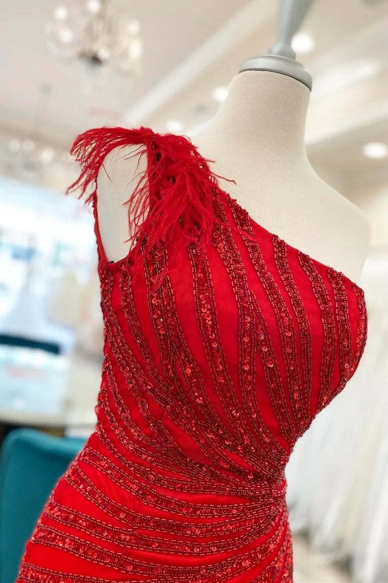 Red Sequin-Embroidery One-Shoulder Short Unique Design Homecoming Dress