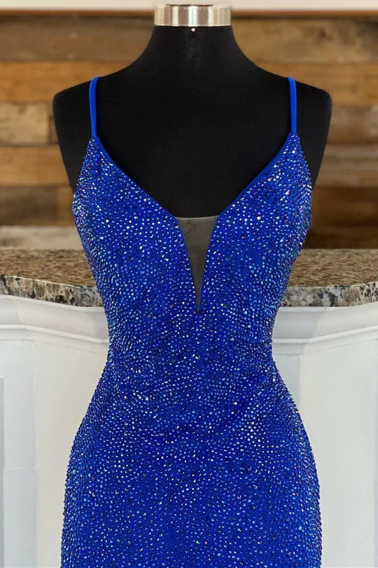 Royal Blue Beaded V-Neck Mermaid Long Full Of Charm Prom Dress