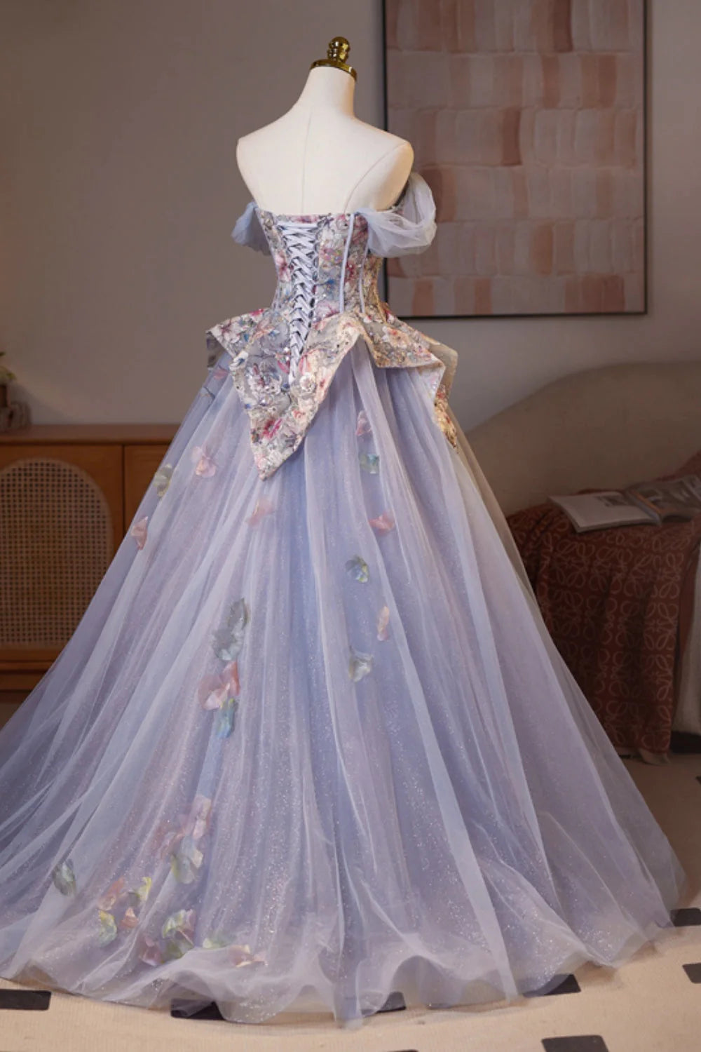 Off the Shoulder Lilac Floral Sparkle Tulle Full Of Charm Prom Dresses