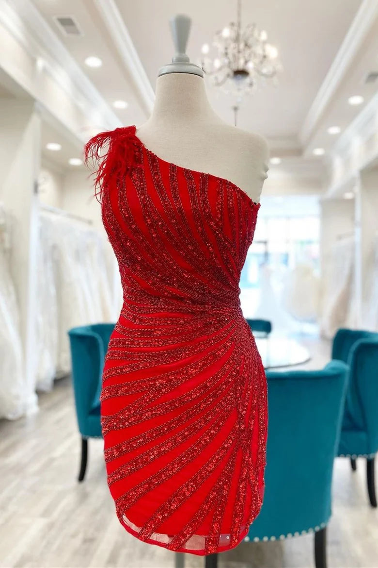 Red Sequin-Embroidery One-Shoulder Short Unique Design Homecoming Dress