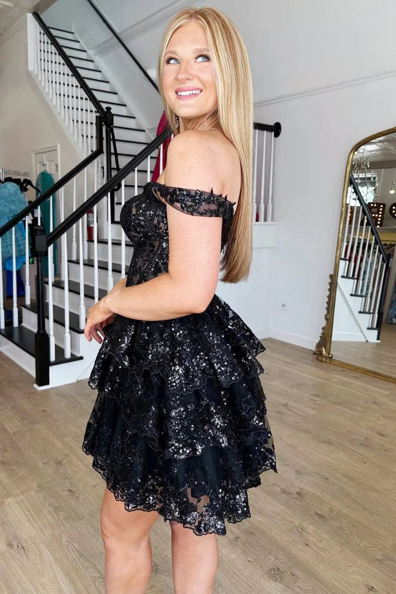 Black Sequin-Embroidery Sweetheart A-Line Tiered Homecoming Dress