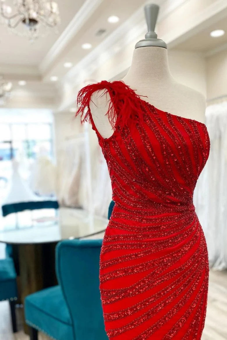 Red Sequin-Embroidery One-Shoulder Short Unique Design Homecoming Dress