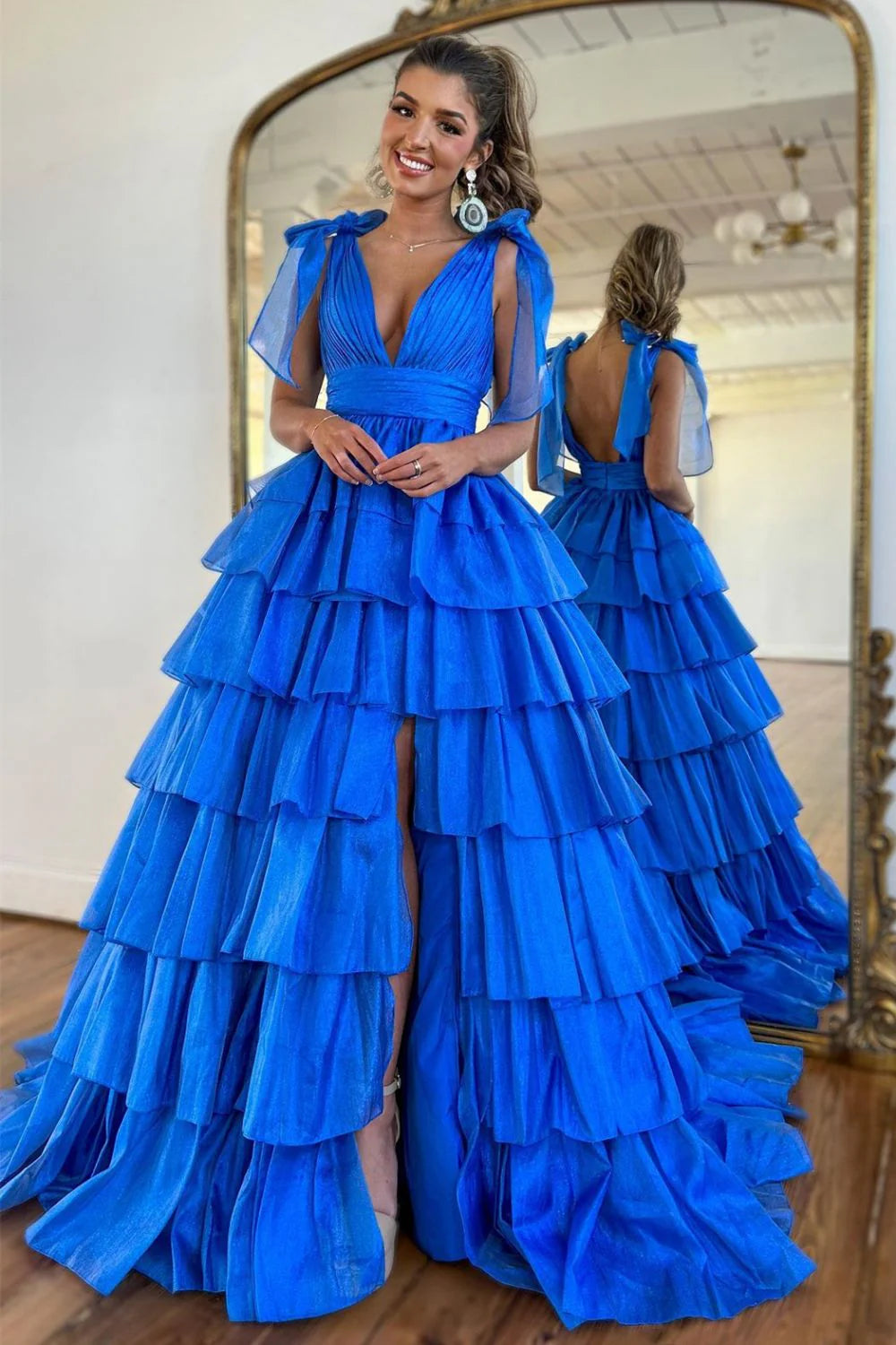 Cute Pink Princess A Line Deep V-Neck Long Tiered Prom Dress