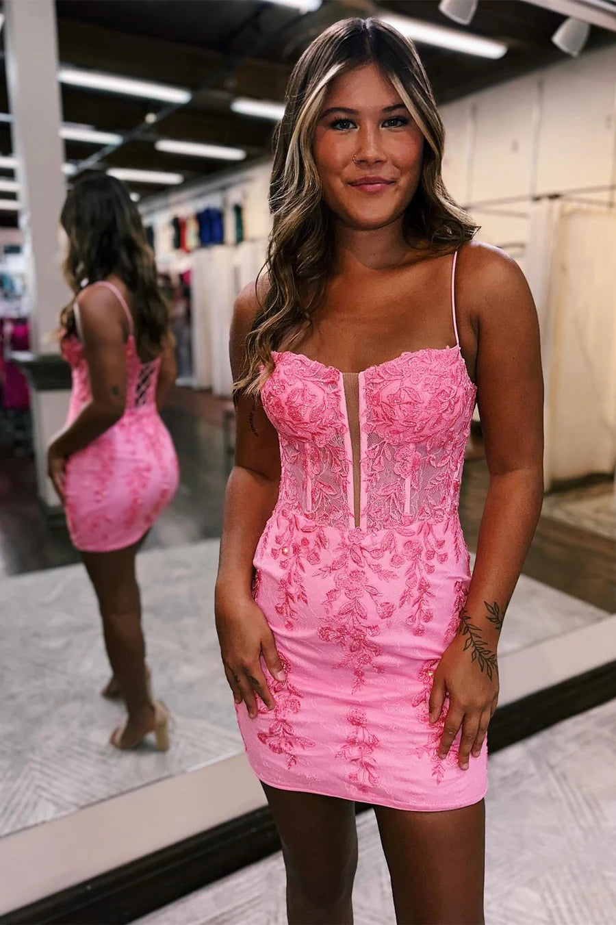 Hot Pink Appliques Cold-Shoulder Short Retract Your Waist Homecoming Dress